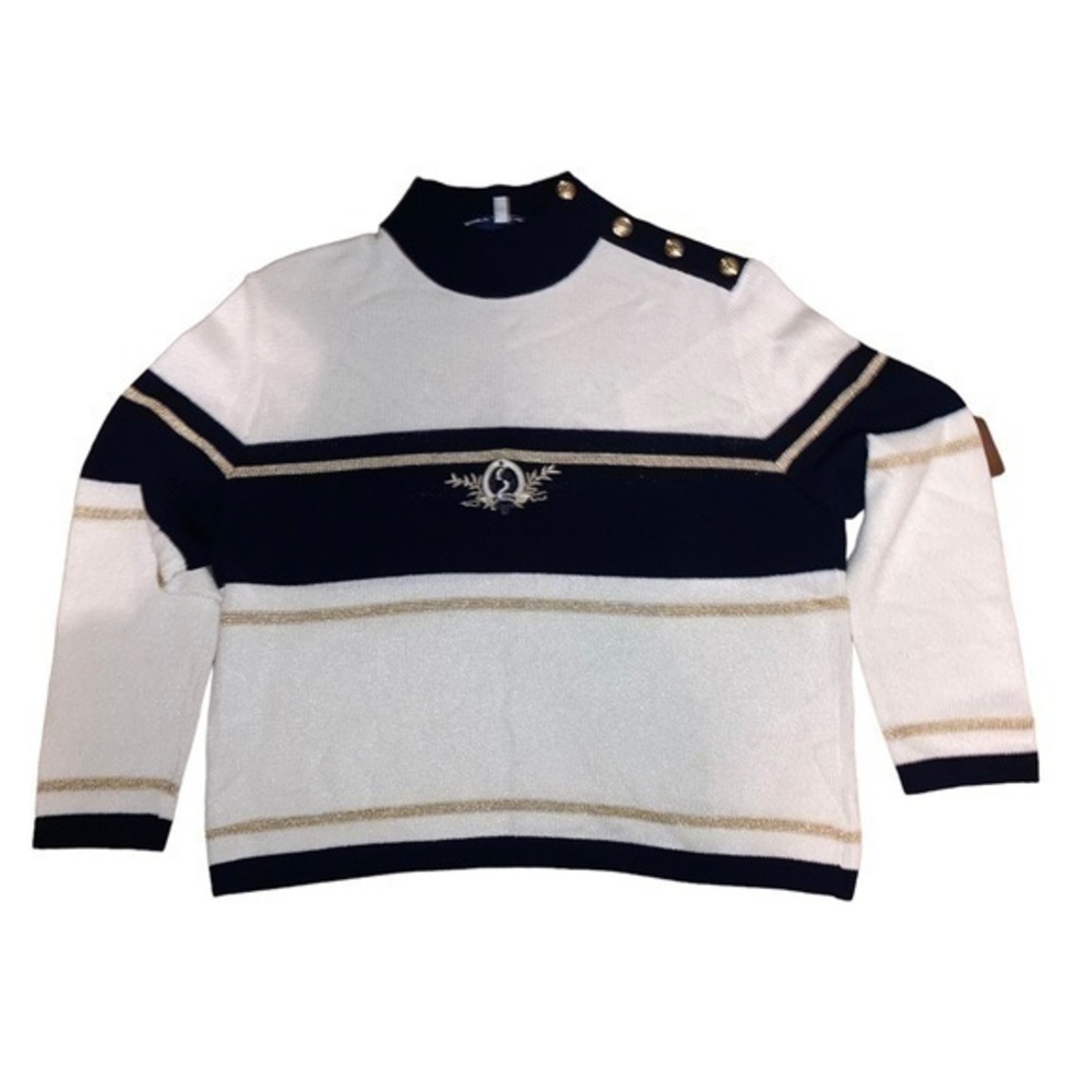 St. John sport by Marie gray white black gold striped colorblock sweater